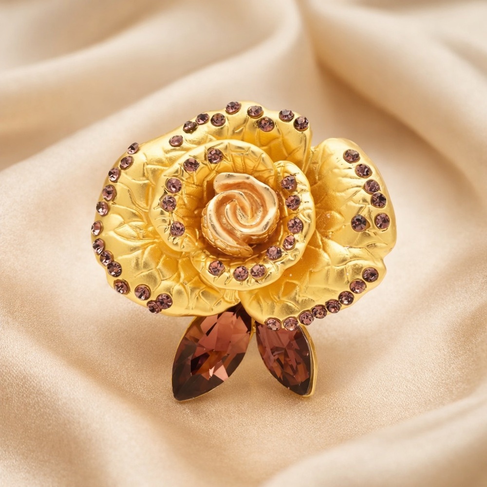 lGolden Rose Amethyst Rhinestone Floral Pin Brooch